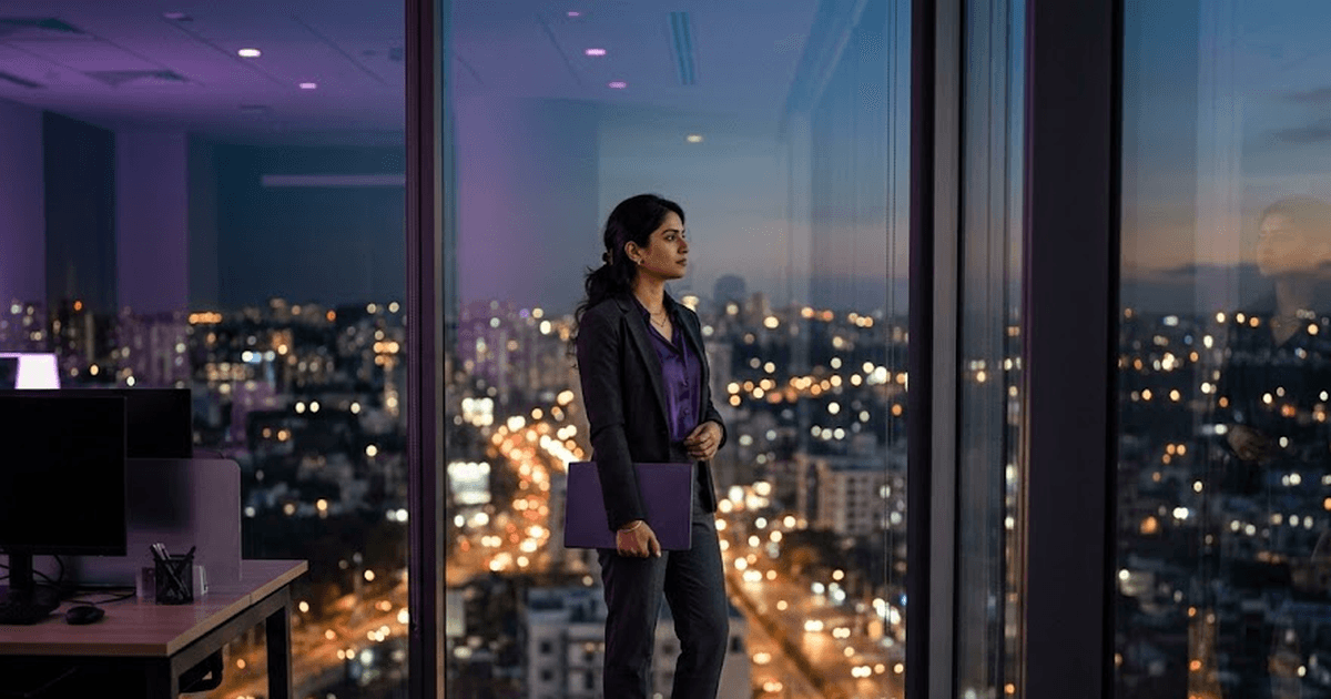 Indian analyst at floor-to-ceiling window with Bengaluru skyline at twilight, laptop under arm