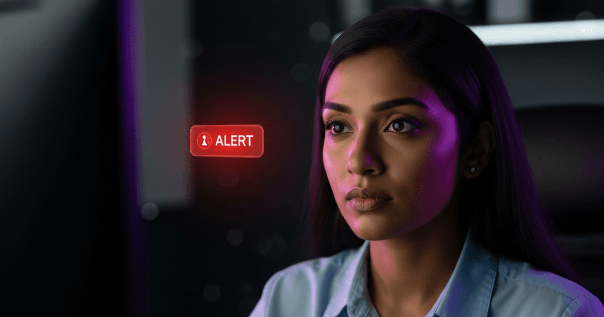 South Asian woman data analyst reviewing a data quality alert on a screen in a dark office with purple lighting