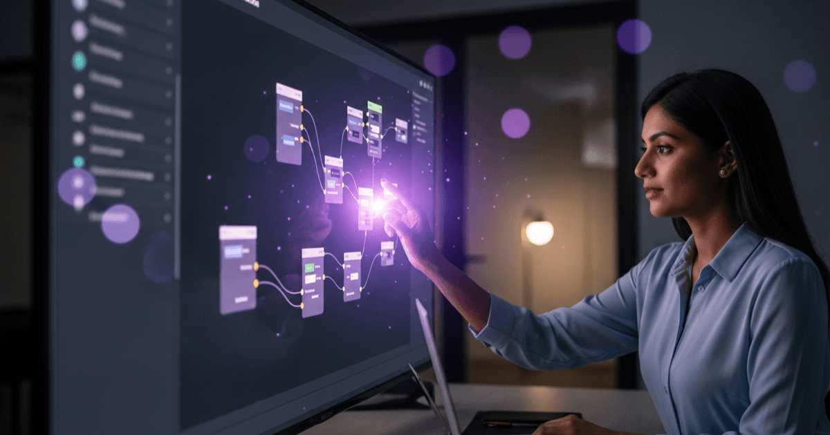 South Asian woman data analyst building an automation workflow on a screen in a dark office with purple lighting
