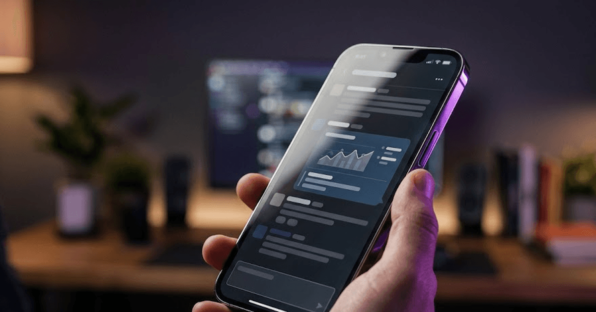 Close-up of smartphone showing a Slack chat with a data answer, purple LED accent