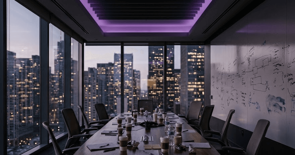 Empty modern conference room after meeting, half-erased whiteboard, scattered cups, evening city skyline