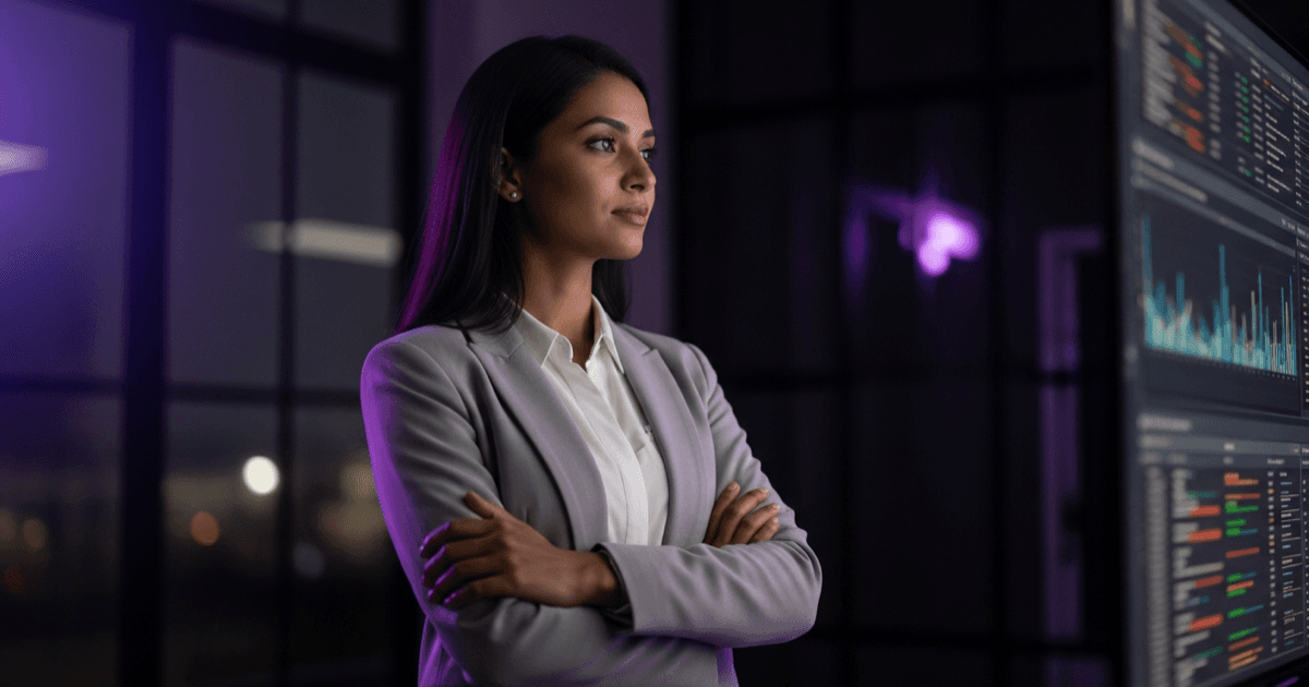 South Asian woman data analyst standing confidently in a dark office reviewing a glowing dashboard, purple light