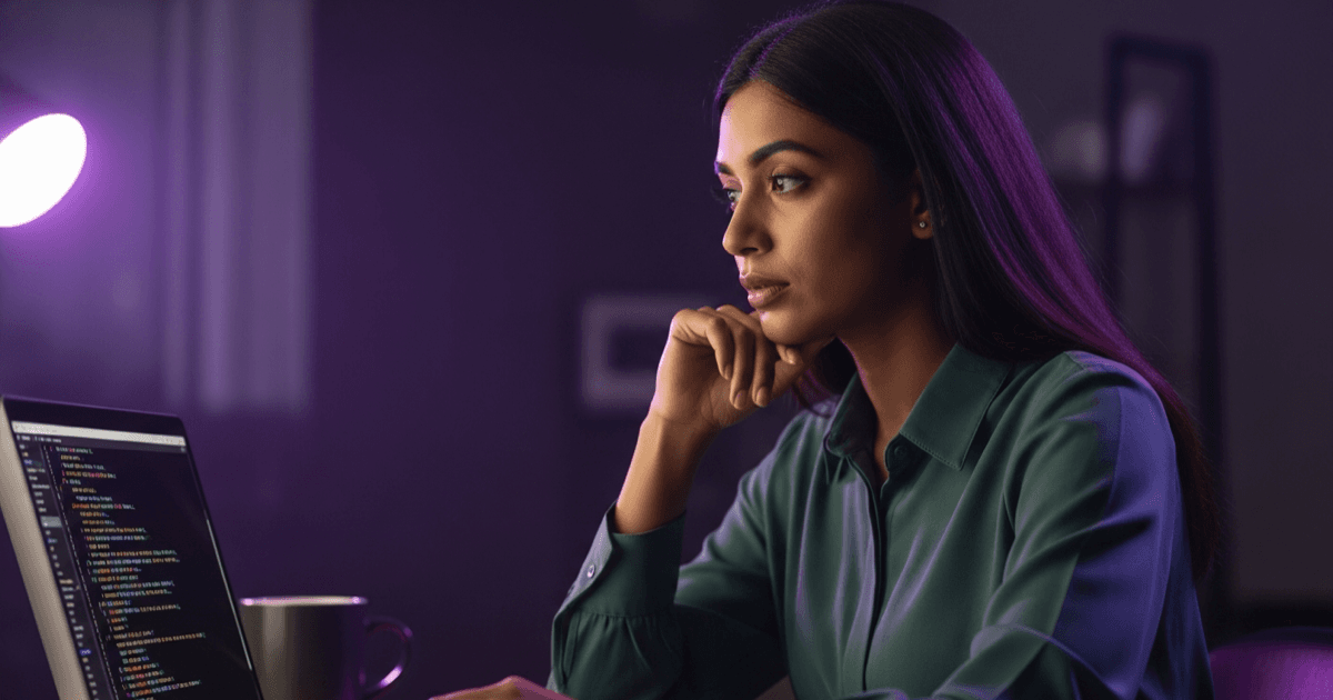 South Asian woman data analyst reviewing SQL code on a laptop in a dark home office lit with purple light