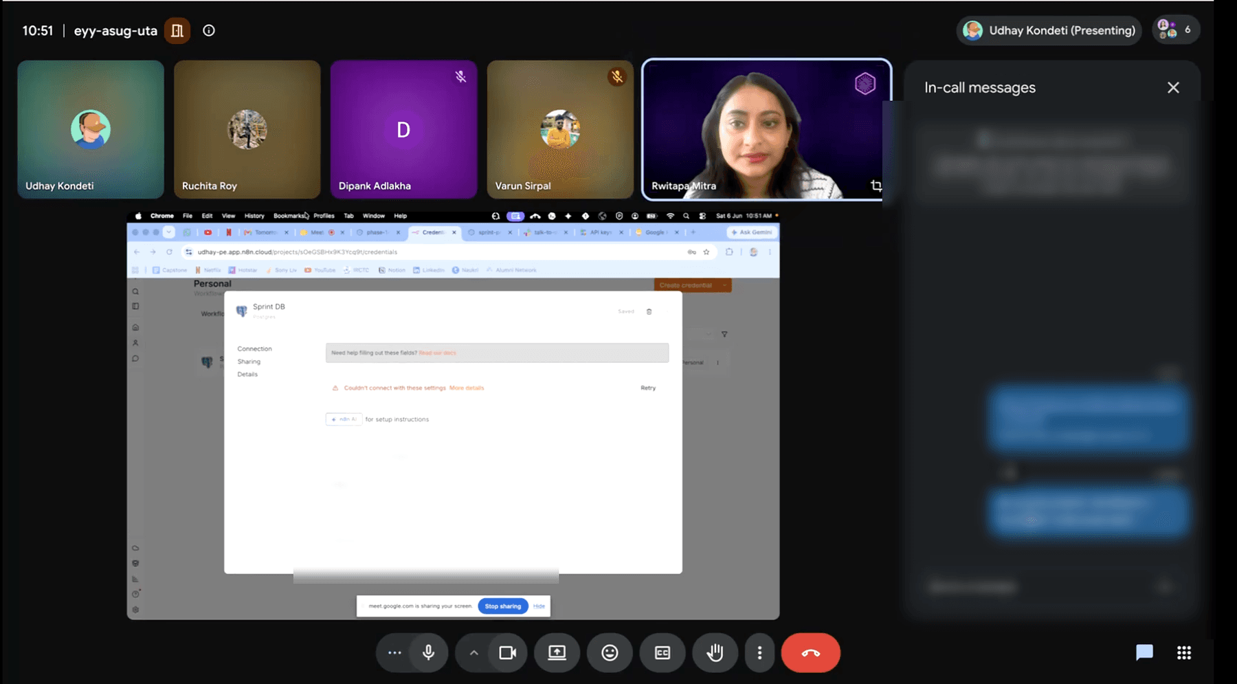 A Sprint student sharing their screen to build their n8n workflow live during the session