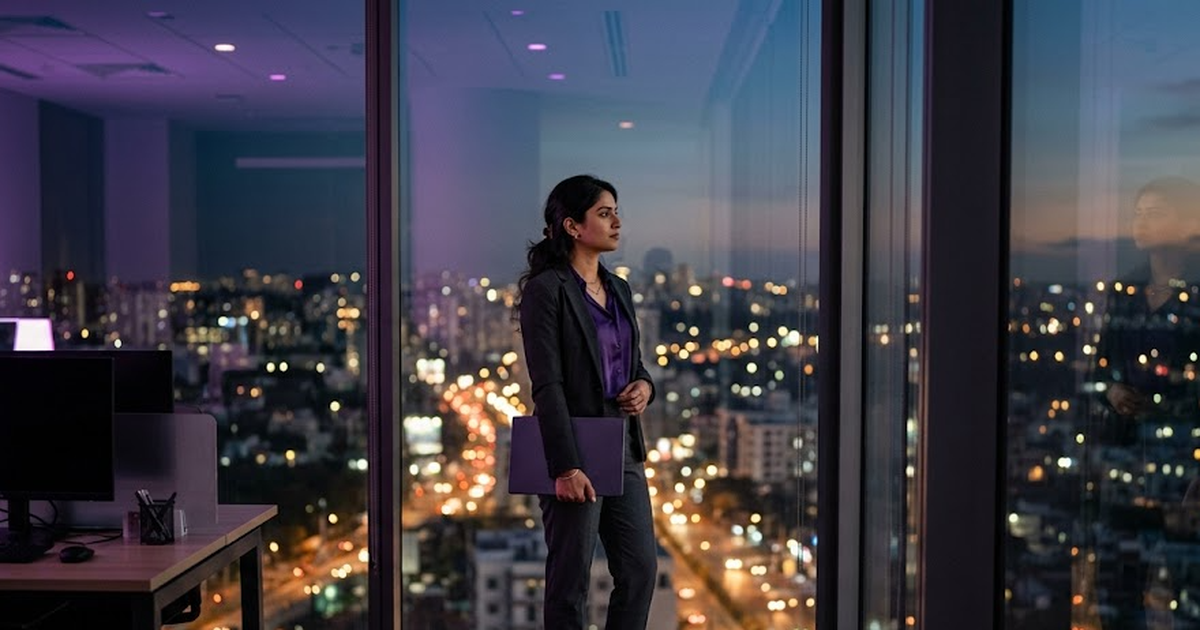 Indian analyst at floor-to-ceiling window with Bengaluru skyline at twilight, laptop under arm