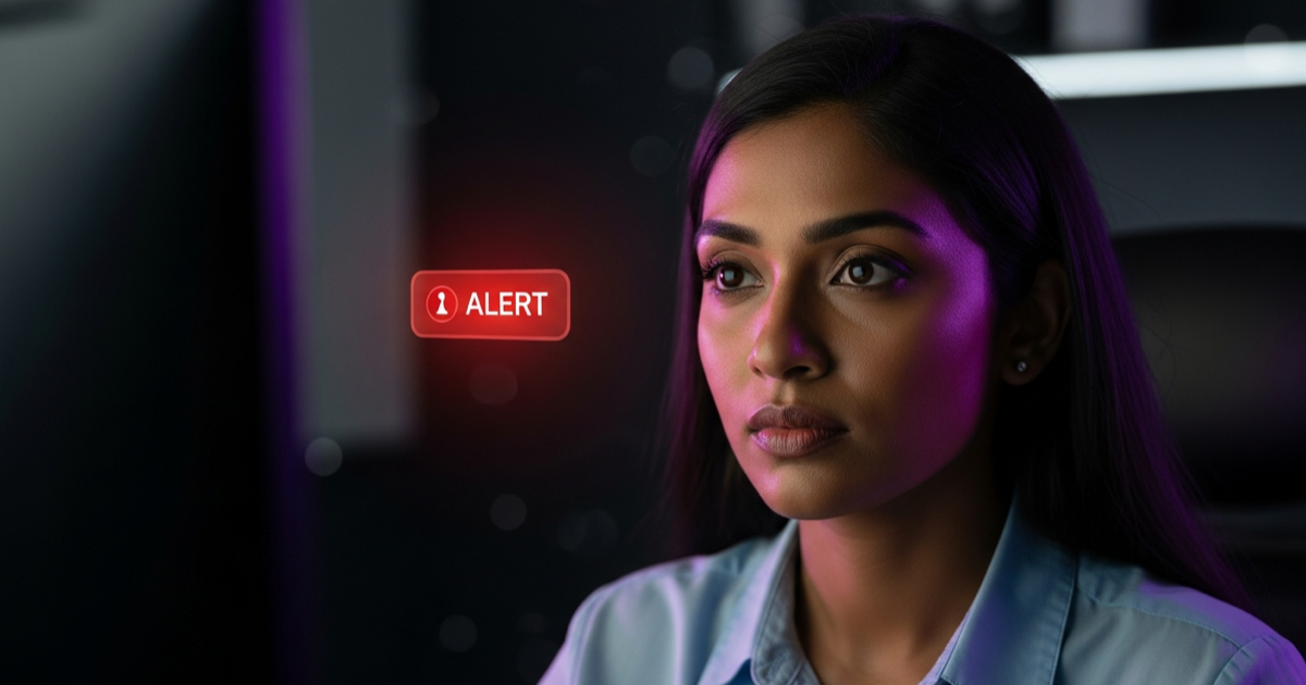 South Asian woman data analyst reviewing a data quality alert on a screen in a dark office with purple lighting
