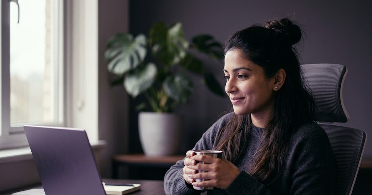 Indian woman analyst sipping chai at her home office desk on a Monday morning, laptop with purple glow