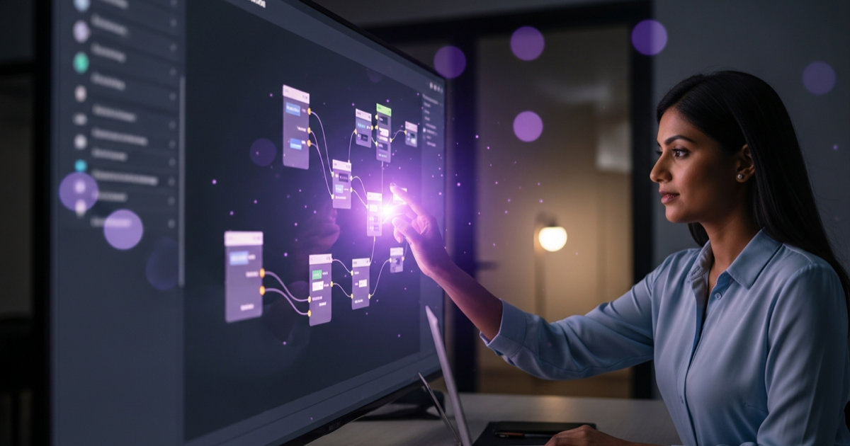 South Asian woman data analyst building an automation workflow on a screen in a dark office with purple lighting