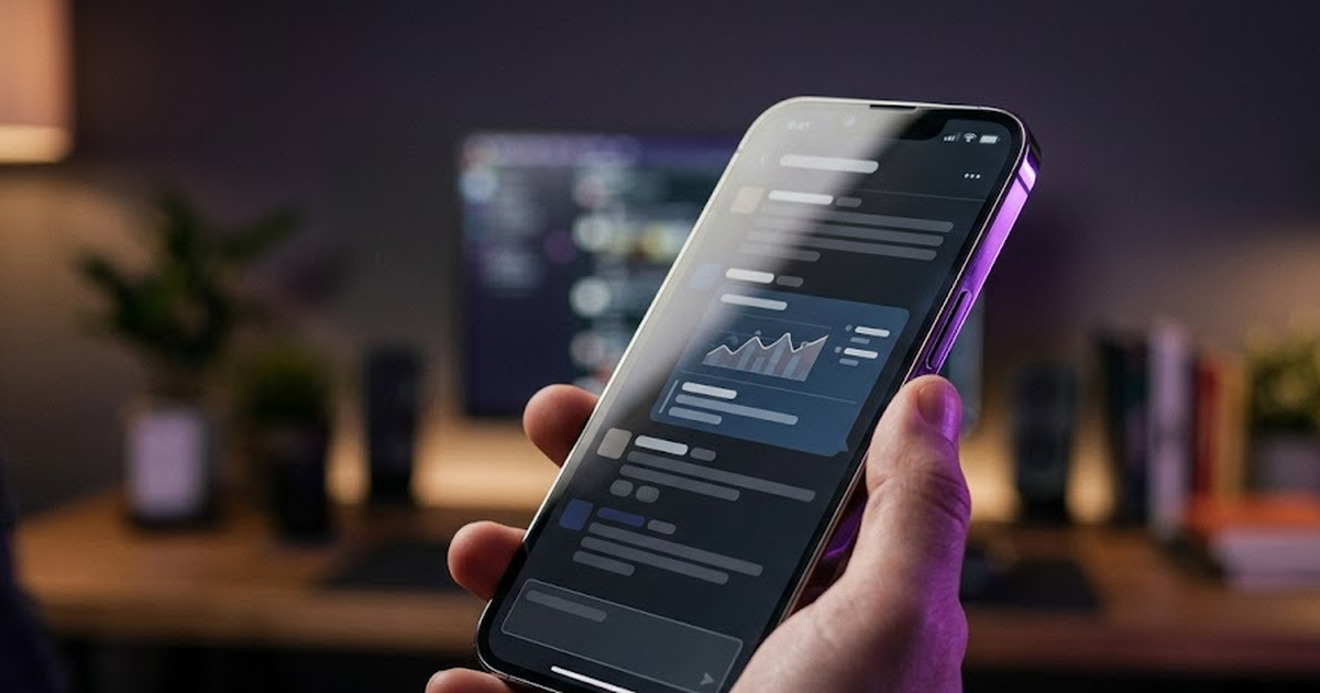 Close-up of smartphone showing a Slack chat with a data answer, purple LED accent