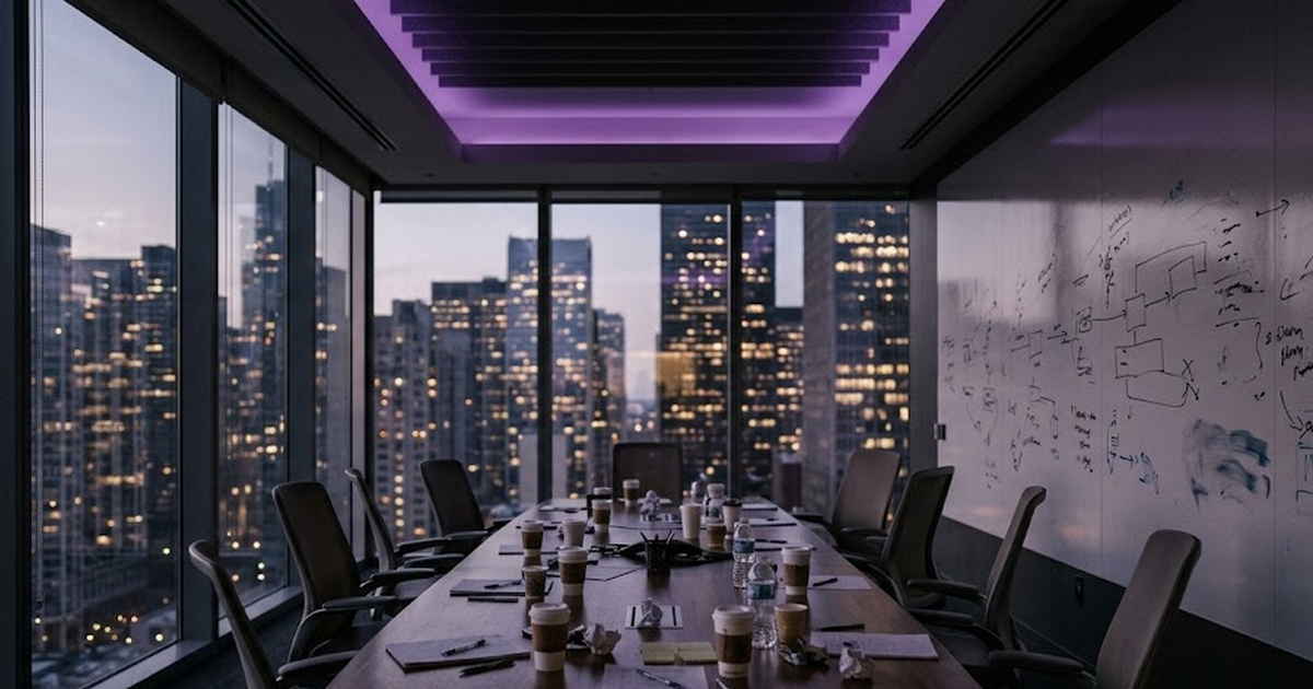 Empty modern conference room after meeting, half-erased whiteboard, scattered cups, evening city skyline